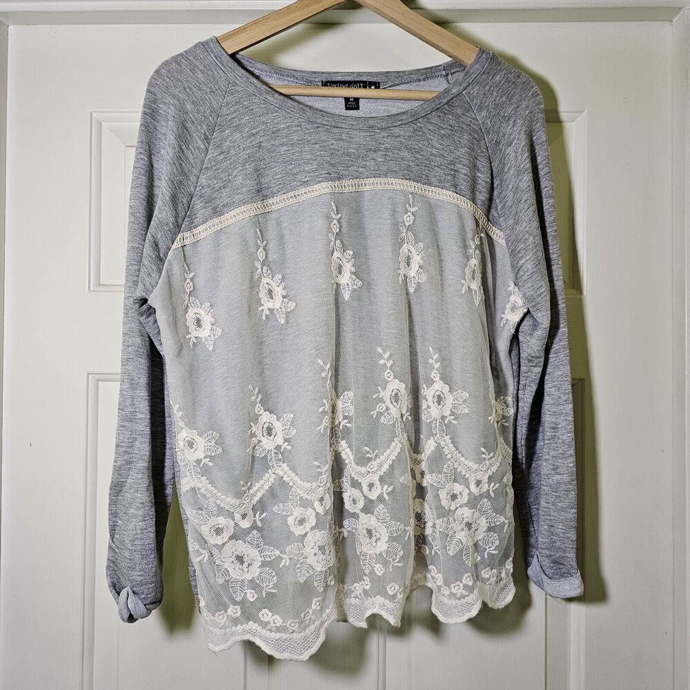 Living Doll Top Juniors Grey French Terry White Lace Overlay Romantic Medium